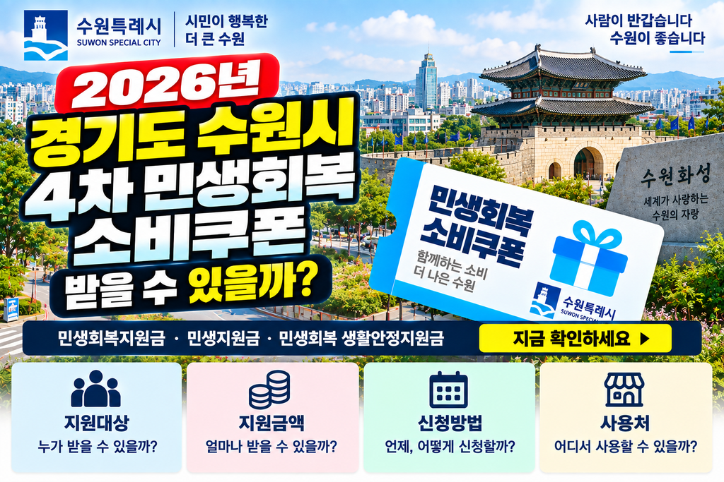 2026 경기도 수원시 4차 민생회복 소비쿠폰 받을 수 있을까? 민생회복지원금·민생지원금·민생회복 생활안정지원금 지금 확인하세요 1 2026 경기도 수원시 4차 민생회복 소비쿠폰 받을 수 있을까?
민생회복지원금·민생지원금·민생회복 생활안정지원금 지금 확인하세요
