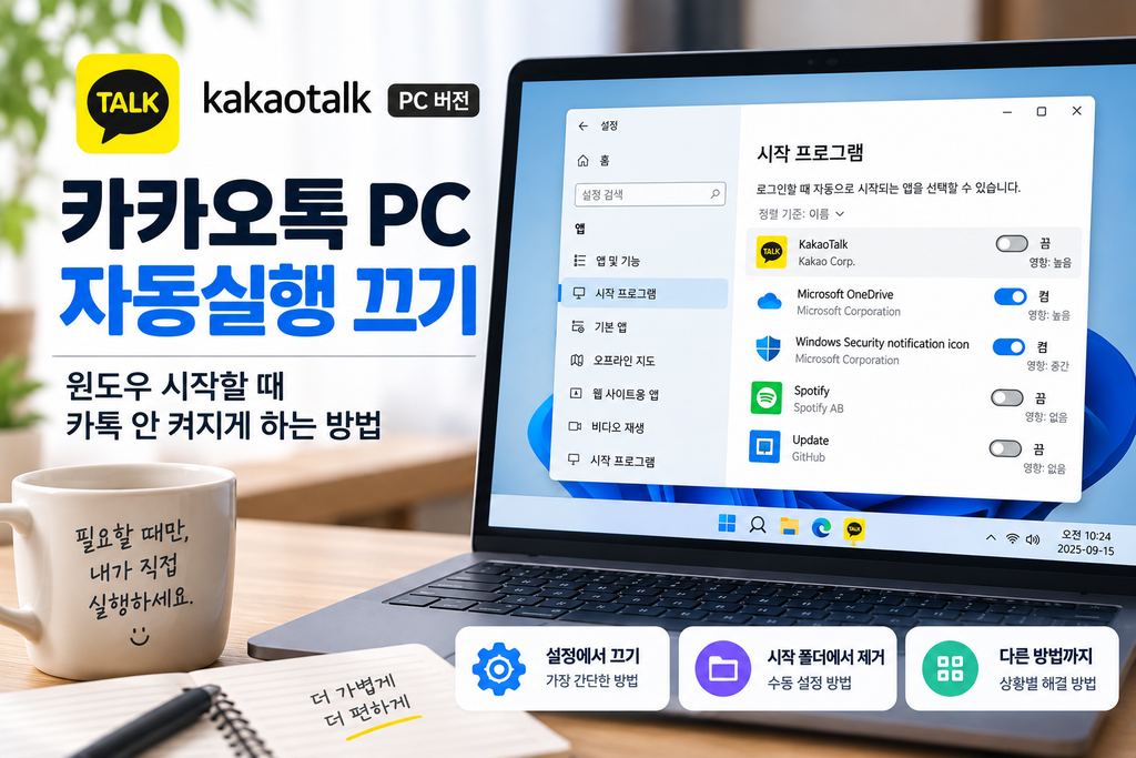 카카오톡 PC 자동실행 끄기|윈도우 시작할 때 카톡 안 켜지게 하는 방법 1 컴퓨터를 켤 때마다 카카오톡 PC버전이 자동으로 실행되면 편할 때도 있지만, 매번 사용할 필요가 없다면 오히려 불편하게 느껴질 수 있습니다.
특히 부팅 직후 여러 프로그램이 한꺼번에 실행되면 컴퓨터가 느려진 것처럼 느껴질 수 있고, 회사 PC에서는 카카오톡 창이 자동으로 뜨는 것이 신경 쓰일 수도 있습니다.
이럴 때는 **카카오톡 PC 자동실행 끄기** 설정을 해두면 됩니다.
오늘은 카카오톡 자체 설정에서 자동실행을 끄는 방법과 Windows 시작프로그램에서 끄는 방법까지 순서대로 정리해보겠습니다.
## 카카오톡 PC 자동실행이란?
카카오톡 PC 자동실행은 Windows가 시작될 때 카카오톡 프로그램도 함께 실행되도록 하는 기능입니다.
컴퓨터를 켜자마자 카카오톡을 바로 사용하는 분들에게는 편리하지만, 필요할 때만 직접 실행하고 싶다면 꺼두는 것이 좋습니다.
특히 시작프로그램에 카카오톡뿐 아니라 여러 프로그램이 등록되어 있다면 부팅 속도에 영향을 줄 수도 있습니다.
따라서 사용 빈도가 낮다면 **카카오톡 PC 자동실행 끄기**를 설정해두는 것이 좋습니다.
## 카카오톡 설정에서 자동실행 끄는 방법
가장 먼저 확인할 방법은 카카오톡 PC버전 자체 설정입니다.
카카오톡을 실행한 뒤 설정 메뉴로 들어갑니다.
설정 화면에서 일반 또는 실행 관련 항목을 확인합니다.
여기에서 Windows 시작 시 카카오톡을 자동으로 실행하는 옵션이 켜져 있다면 체크를 해제합니다.
설정을 변경한 뒤 카카오톡을 종료하고 컴퓨터를 다시 시작해보세요.
부팅 후 카카오톡이 자동으로 열리지 않는다면 정상적으로 설정된 것입니다.
## Windows 시작프로그램에서 카카오톡 끄는 방법
카카오톡 설정에서 자동실행을 껐는데도 계속 실행된다면 Windows 시작프로그램을 확인해보는 것이 좋습니다.
Windows 설정을 열고 **앱 → 시작프로그램** 메뉴로 이동합니다.
목록에서 카카오톡을 찾은 뒤 스위치를 끕니다.
이렇게 하면 Windows가 시작될 때 카카오톡이 자동으로 실행되는 것을 막을 수 있습니다.
Windows 버전에 따라 메뉴 이름이나 위치는 조금 다를 수 있습니다.
## 작업 관리자에서도 시작프로그램을 끌 수 있습니다
시작프로그램 설정은 작업 관리자에서도 변경할 수 있습니다.
키보드에서 `Ctrl + Shift + Esc`를 눌러 작업 관리자를 실행합니다.
왼쪽 메뉴 또는 상단 메뉴에서 **시작 앱**이나 **시작프로그램** 항목을 선택합니다.
목록에서 카카오톡을 찾은 뒤 마우스 오른쪽 버튼을 누르고 **사용 안 함**을 선택합니다.
이후 컴퓨터를 다시 시작하면 카카오톡이 자동으로 실행되지 않는지 확인할 수 있습니다.
## 자동실행과 자동로그인은 다른 기능입니다
**카카오톡 PC 자동실행 끄기**를 설정할 때 자동로그인과 헷갈리는 경우가 있습니다.
자동실행은 Windows가 켜질 때 카카오톡 프로그램 자체를 자동으로 여는 기능입니다.
반면 자동로그인은 카카오톡을 실행했을 때 비밀번호를 다시 입력하지 않고 계정에 접속하는 기능입니다.
두 기능은 서로 별개입니다.
예를 들어 자동실행을 꺼도 자동로그인이 켜져 있다면 사용자가 직접 카카오톡을 실행했을 때는 자동으로 로그인될 수 있습니다.
반대로 자동실행은 켜져 있지만 자동로그인이 꺼져 있다면 컴퓨터를 켤 때 카카오톡 로그인 화면만 자동으로 나타날 수 있습니다.
## 컴퓨터 부팅이 느리다면 시작프로그램도 함께 확인하세요
카카오톡뿐 아니라 여러 프로그램이 시작프로그램에 등록되어 있으면 컴퓨터를 켠 직후 속도가 느려질 수 있습니다.
Windows 시작프로그램 목록에서 자주 사용하지 않는 프로그램이 자동 실행되도록 설정되어 있지는 않은지 확인해보세요.
다만 보안 프로그램이나 그래픽 드라이버 관련 프로그램처럼 필요한 항목까지 무작정 끄는 것은 피하는 것이 좋습니다.
사용 목적을 알고 있는 프로그램만 선택적으로 비활성화하는 것이 안전합니다.
## 카카오톡 자동실행을 다시 켜고 싶다면
나중에 다시 자동실행이 필요해졌다면 같은 방법으로 설정을 되돌리면 됩니다.
카카오톡 설정에서 Windows 시작 시 실행 옵션을 다시 활성화하거나, Windows 시작프로그램 목록에서 카카오톡을 켜면 됩니다.
집이나 개인 노트북에서는 자동실행을 켜두고, 회사나 공용 PC에서는 꺼두는 식으로 사용 환경에 맞게 설정하면 편리합니다.
## 자동실행을 껐는데도 카카오톡이 계속 켜진다면
**카카오톡 PC 자동실행 끄기** 설정을 했는데도 부팅할 때 계속 카카오톡이 실행된다면 아래 항목을 확인해보세요.
* 카카오톡 자체 자동실행 설정
* Windows 시작프로그램 설정
* 작업 관리자 시작 앱 설정
* 카카오톡 PC버전 업데이트 여부
* 프로그램 재설치 후 설정이 다시 활성화됐는지
설정을 한 곳에서만 끄지 말고 카카오톡과 Windows 시작프로그램을 함께 확인하면 원인을 찾기 쉽습니다.
## 카카오톡 PC 자동실행은 필요할 때만 켜두세요
컴퓨터를 켤 때마다 카카오톡을 바로 사용하는 분이라면 자동실행 기능이 편리할 수 있습니다.
하지만 사용 빈도가 높지 않거나 부팅 시 자동으로 프로그램이 실행되는 것이 불편하다면 꺼두는 것이 좋습니다.
**카카오톡 PC 자동실행 끄기**는 카카오톡 설정이나 Windows 시작프로그램에서 간단하게 변경할 수 있습니다.
자동로그인과는 별개의 기능이므로 두 설정을 각각 확인해두면 카카오톡 PC버전을 더 편리하게 사용할 수 있습니다.
## 함께 보면 좋은 카카오톡 PC 정보
* 카카오톡 PC버전 다운로드 설치 사용방법
* 카카오톡 PC 로그인 안됨 해결방법
* 카카오톡 PC 자동로그인 설정 및 해제
* 카카오톡 PC 사진 저장 위치 확인
* 카카오톡 PC 다운로드 파일 위치 찾기
※ 본 글은 카카오톡 PC버전의 일반적인 자동실행 설정 방법을 정리한 정보성 콘텐츠입니다. Windows 및 카카오톡 버전에 따라 메뉴 이름과 위치가 일부 달라질 수 있으므로 실제 사용 중인 화면을 함께 확인하시기 바랍니다.