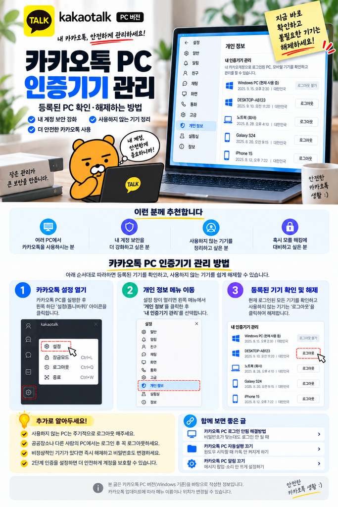 카카오톡 PC 인증기기 관리 방법|등록된 PC 확인·해제하는 방법 2 카카오톡 PC 인증기기 관리 방법