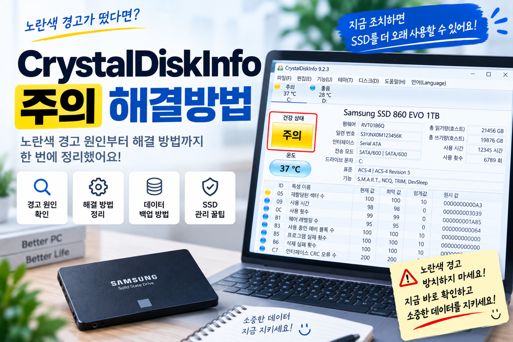 CrystalDiskInfo 주의 뜰 때 해결방법|노란색 경고 원인부터 확인 1 CrystalDiskInfo 주의 뜰 때 해결방법|노란색 경고 원인부터 확인