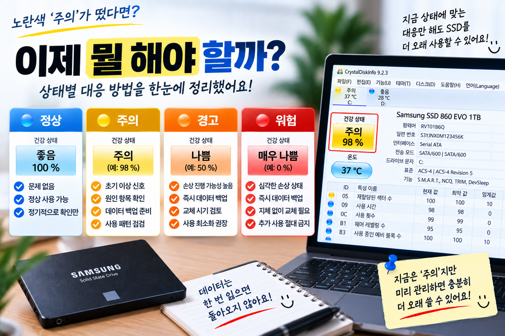 CrystalDiskInfo 주의 뜰 때 해결방법|노란색 경고 원인부터 확인 3 CrystalDiskInfo 주의 뜰 때 해결방법1