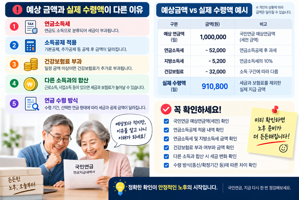 국민연금 실수령액 왜 줄어들까? 연금소득세·소득공제 내역 꼭 확인하세요 3 국미연금 실 수령액 꼭확인