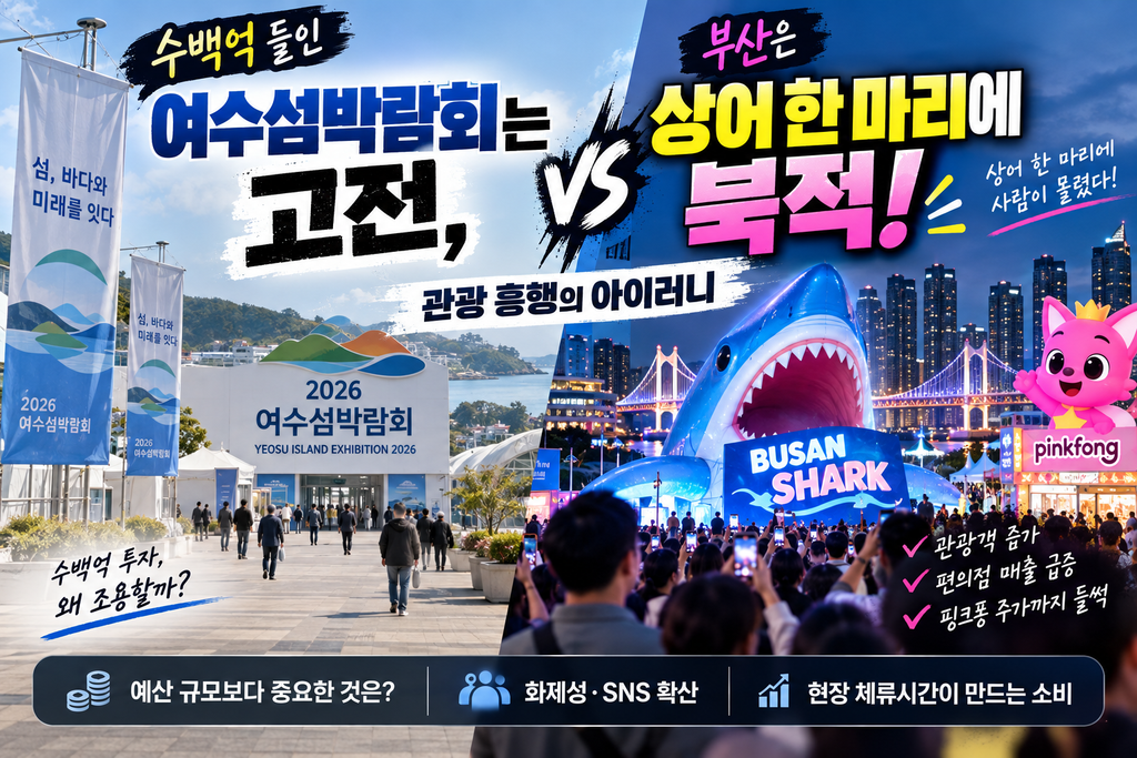 수백억 들인 여수섬박람회는 고전, 부산은 상어 한 마리에 북적｜관광 흥행의 아이러니