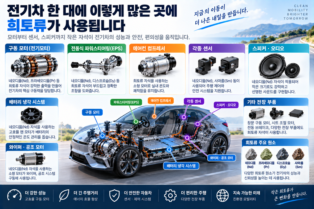 희토류 없으면 전기차 생산도 어렵다? 자동차 산업에 필요한 이유 3 전기차 한 대에 이렇게 많은 곳에