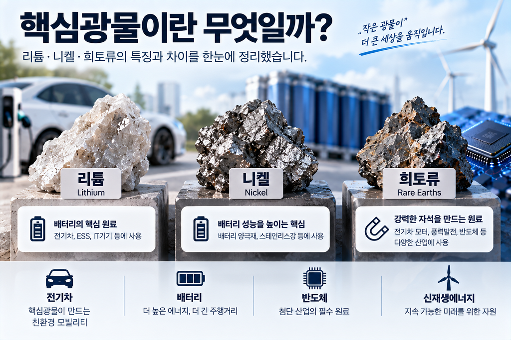 핵심광물이란 무엇일까? 리튬·니켈·희토류 차이 정리 1 핵심광물이란 무엇일까? 리튬·니켈·희토류 차이 정리