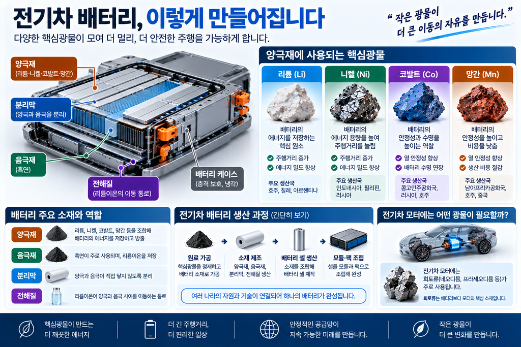 전기차 배터리에는 어떤 핵심광물이 들어갈까? 리튬·니켈·코발트 쉽게 정리 2 전기차 배터리 이렇게 만들어진다