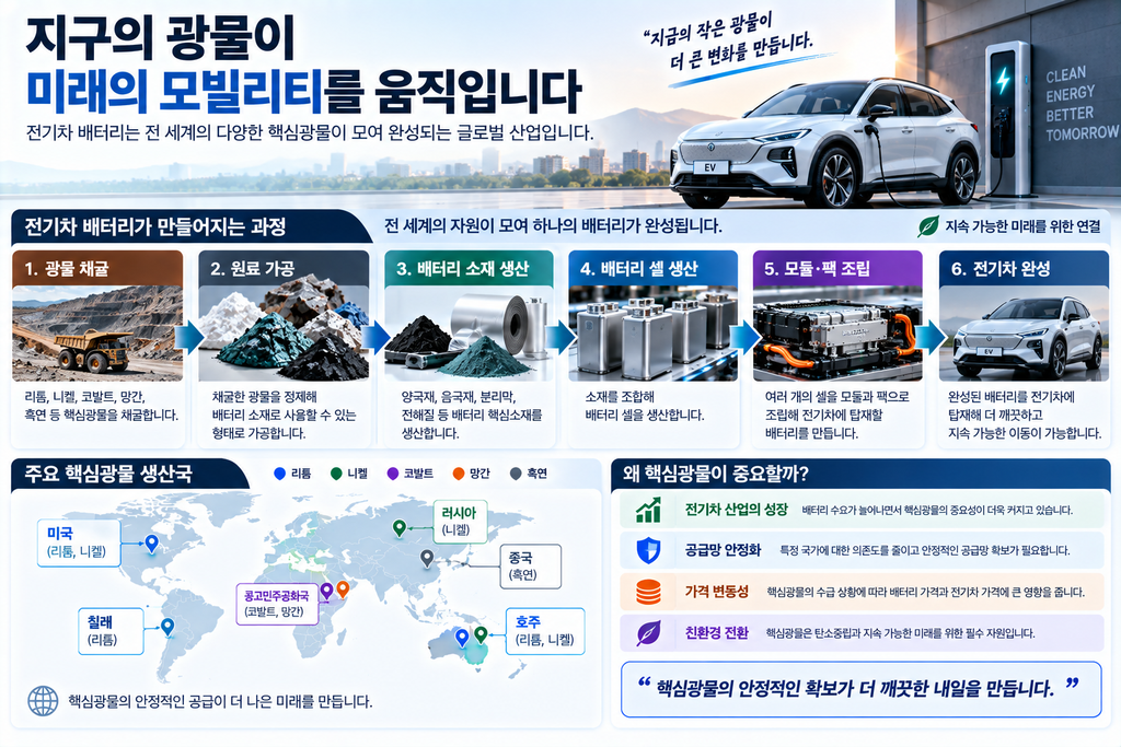 전기차 배터리에는 어떤 핵심광물이 들어갈까? 리튬·니켈·코발트 쉽게 정리 3 지구의 광물 미래의 모빌리티
