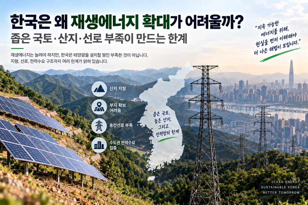 한국은 왜 재생에너지 확대가 어려울까? 좁은 국토·산지·선로 부족이 만드는 한계 1 한국은 왜 재생에너지 확대가 어려울까? 좁은 국토·산지·선로 부족이 만드는 한계
