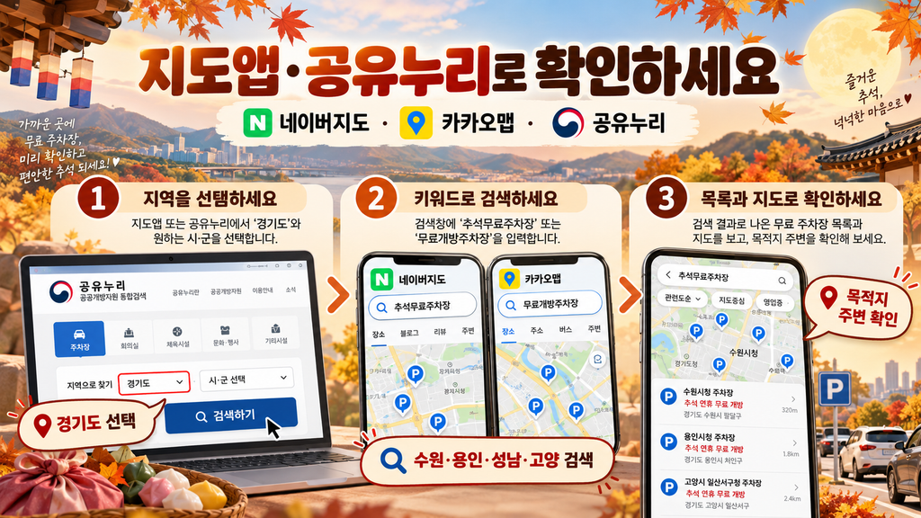 2026 추석 경기도 무료 주차장|수원·용인·성남·고양 등 지역별 찾는 방법 3 지도앱 고유누리