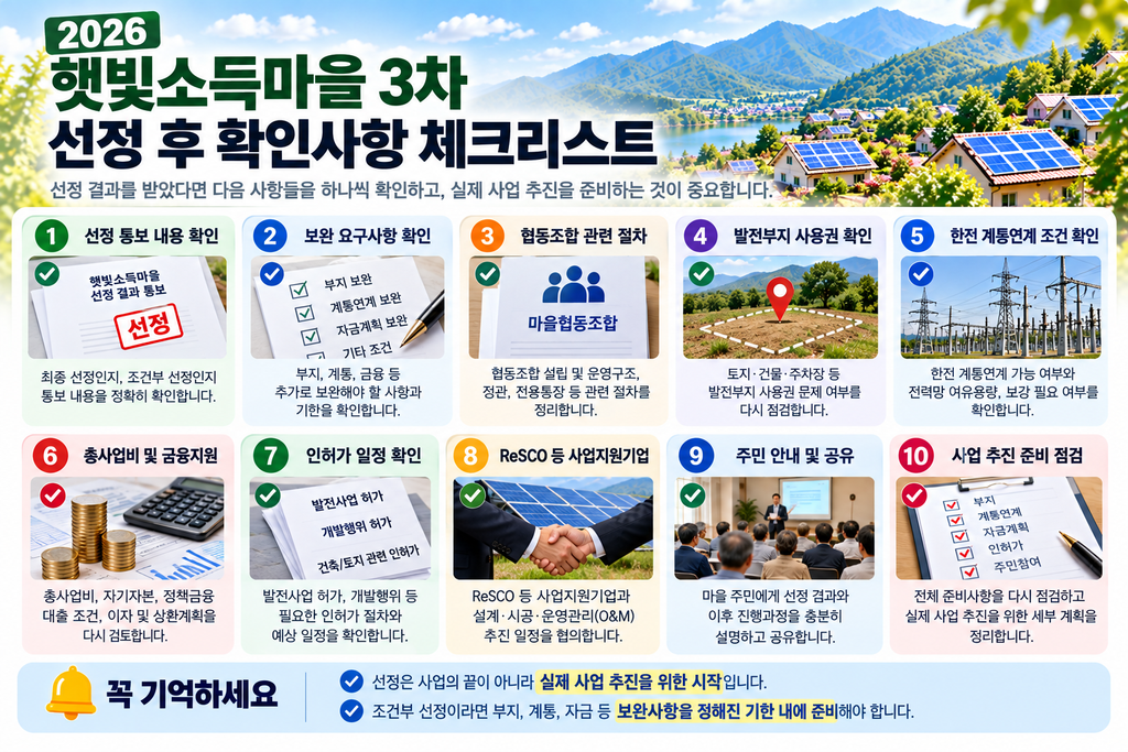 햇빛소득마을 선정 결과 언제 나올까? 2026년 3차 발표 일정과 확인 방법 5 선정 후 제크리스트