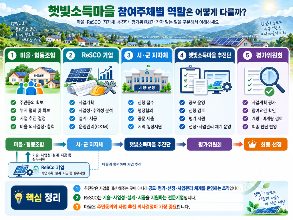 햇빛소득마을 추진단은 무슨 일을 할까? 신청·평가·선정 과정에서 하는 역할 3 참여주체별 역할