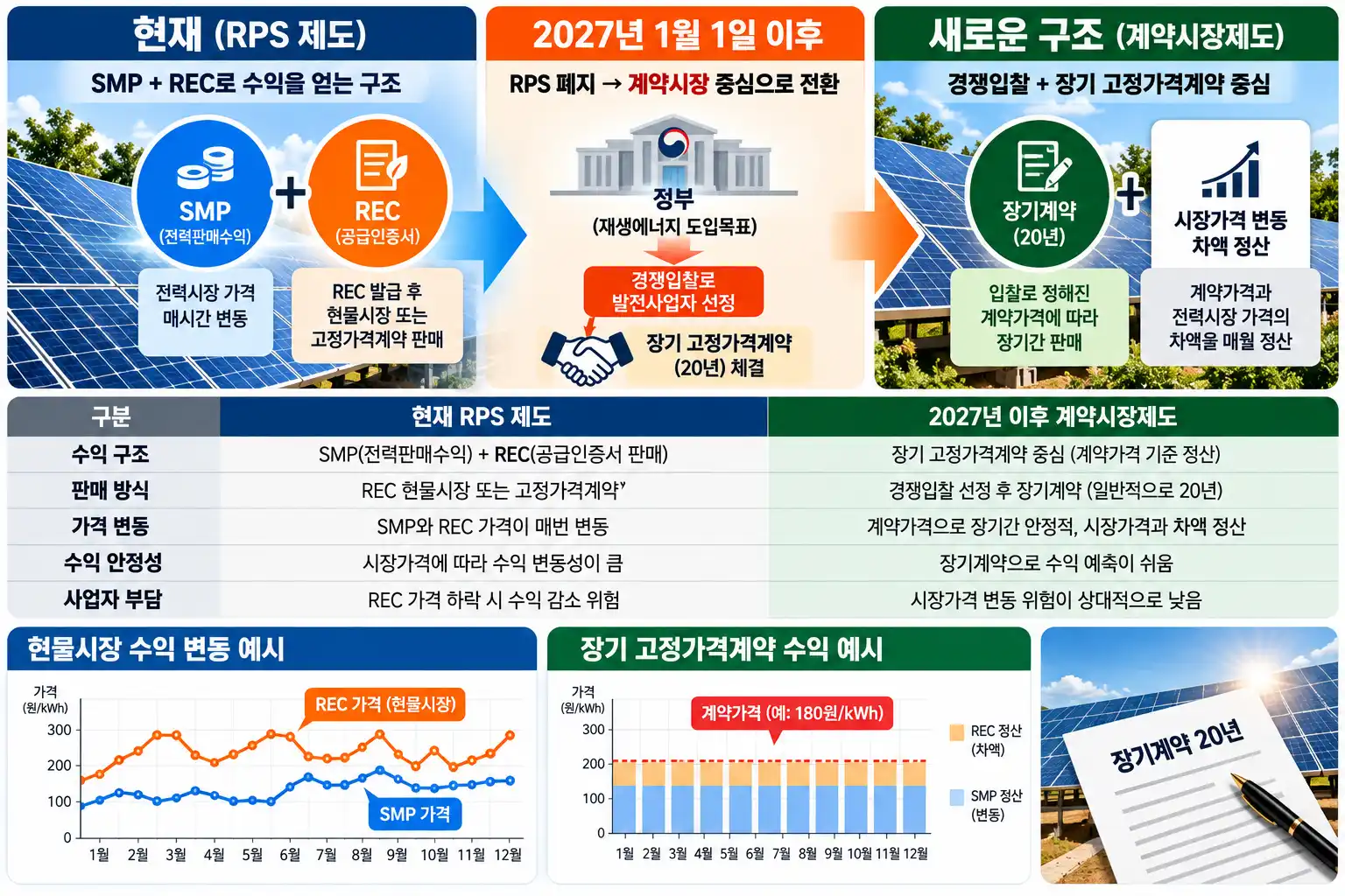 2027년 RPS 폐지되면 태양광 수익은? 고정가격계약과 현물시장 무엇이 달라질까 2 2027년 태양광 수익 구조 변화 인포그래픽
