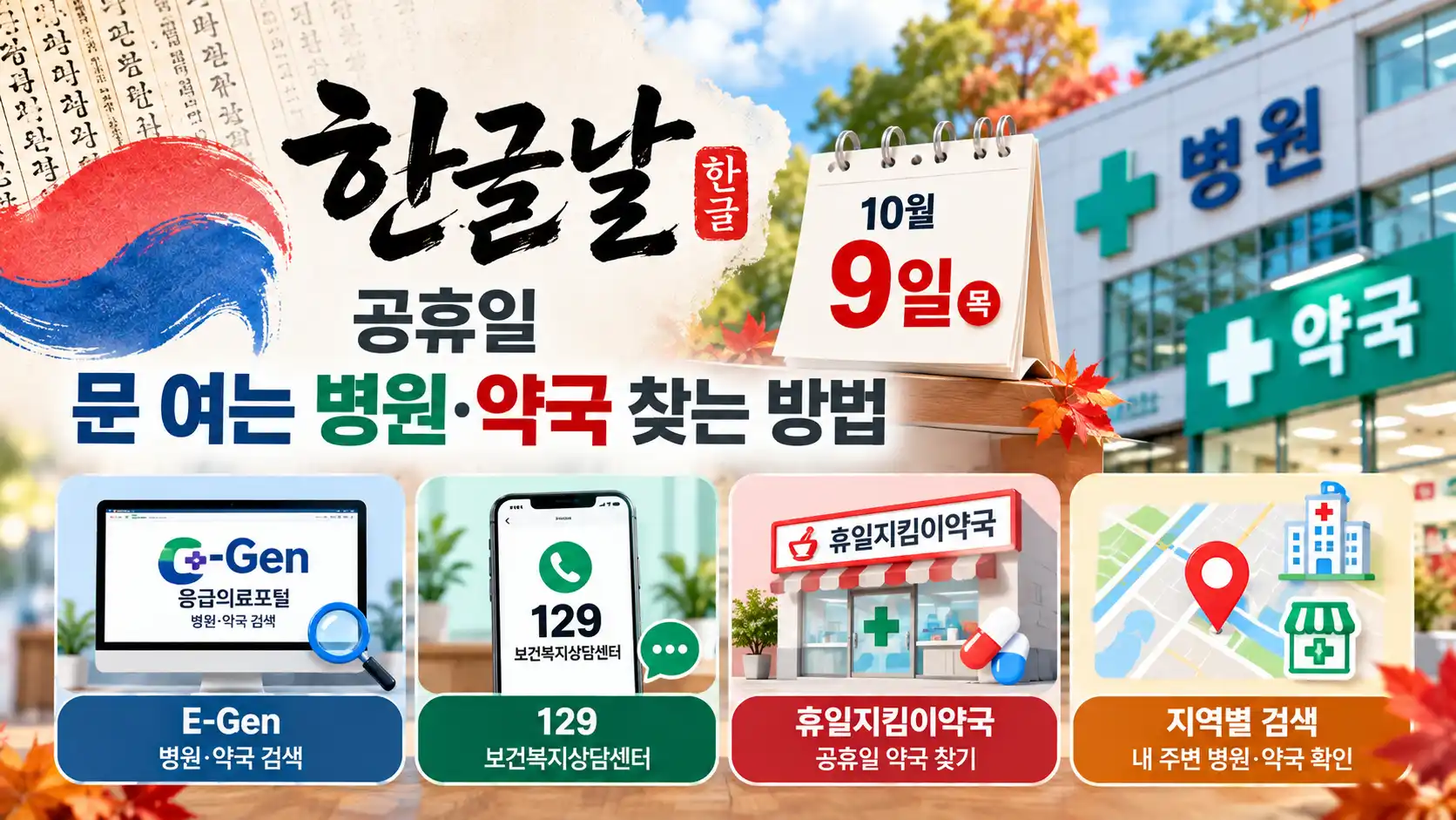 한글날 공휴일 문 여는 병원·약국 찾는 방법|E-Gen·129·휴일지킴이약국 1 한글날 공휴일 문 여는 병원·약국 찾는 방법|E-Gen·129·휴일지킴이약국