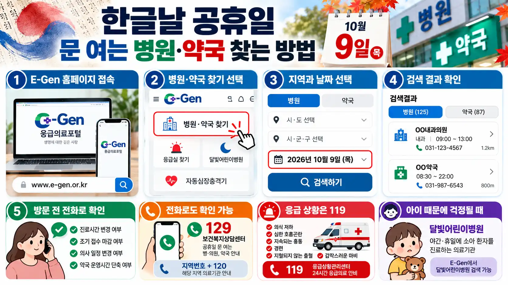 한글날 공휴일 문 여는 병원·약국 찾는 방법|E-Gen·129·휴일지킴이약국 2 병원.약국 찾는 방법